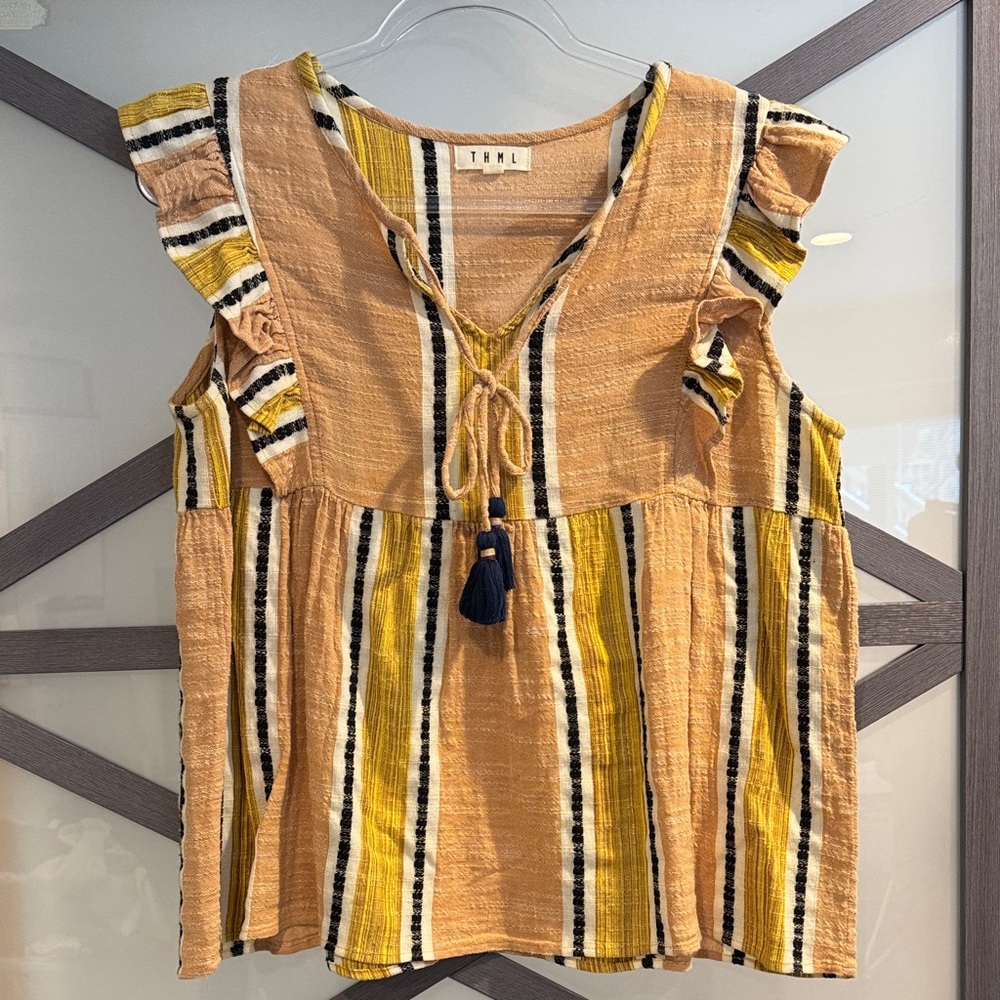 THML Mustard Stripe Ruffle Sleeve Peasant Top